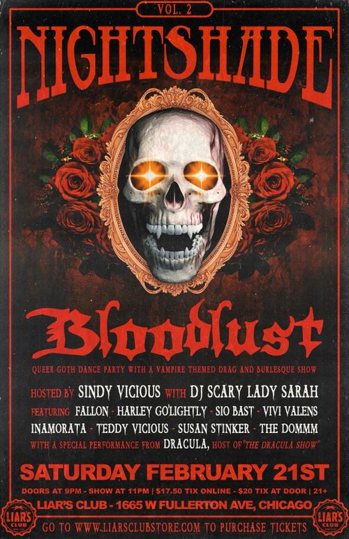 Nightshade: Bloodlust Vampire-Themed Goth Party, hosted by Sindy Vicious, with DJ Scary Lady Sarah